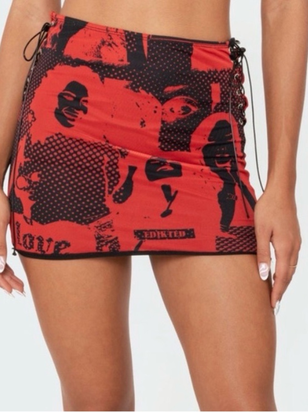 Edikted Red and Black Graphic Lace-Up Mini Skirt